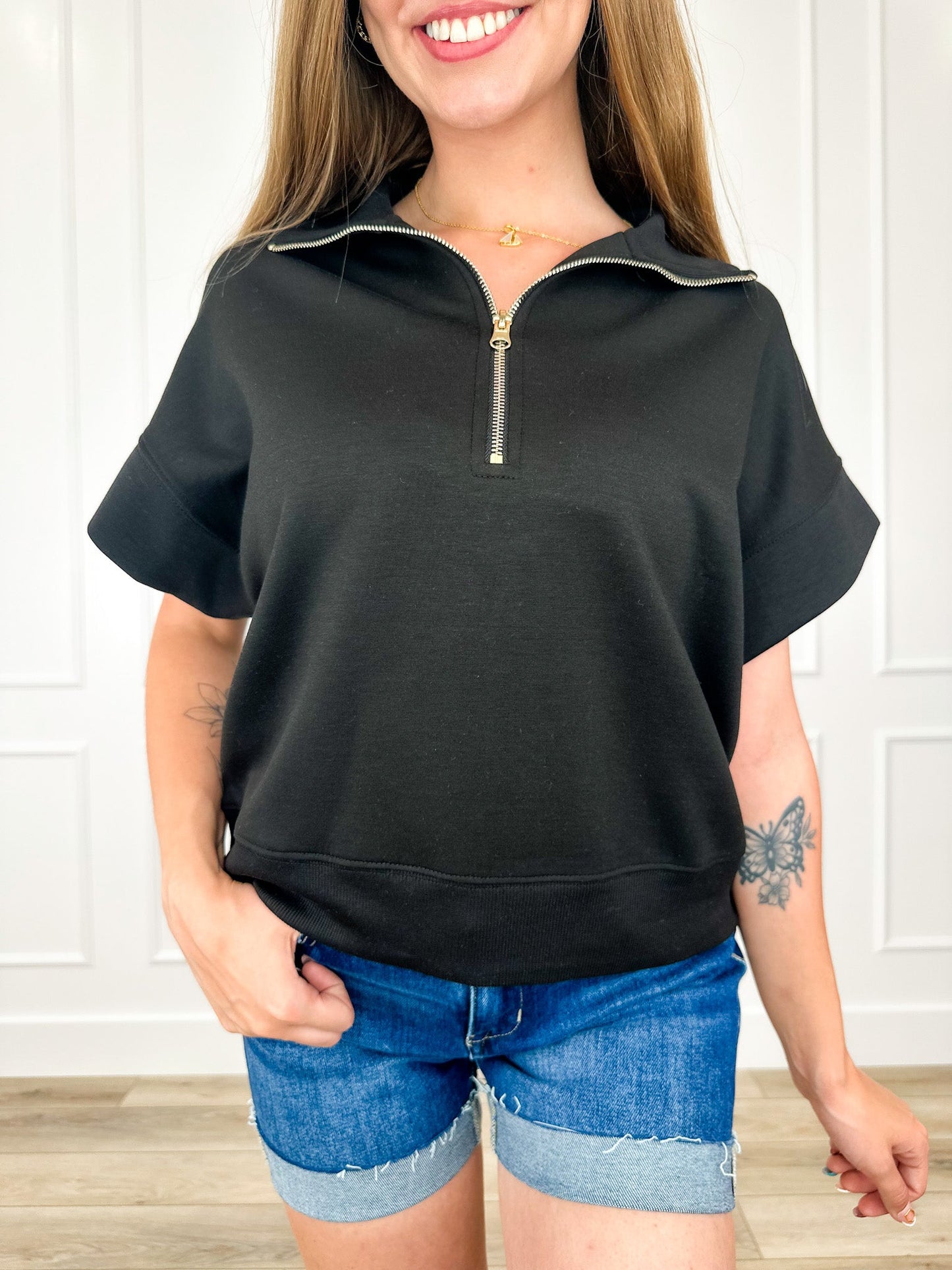 Zenana I've Got a Feeling Short Sleeve Quarter Zip Top - Multiple Colors