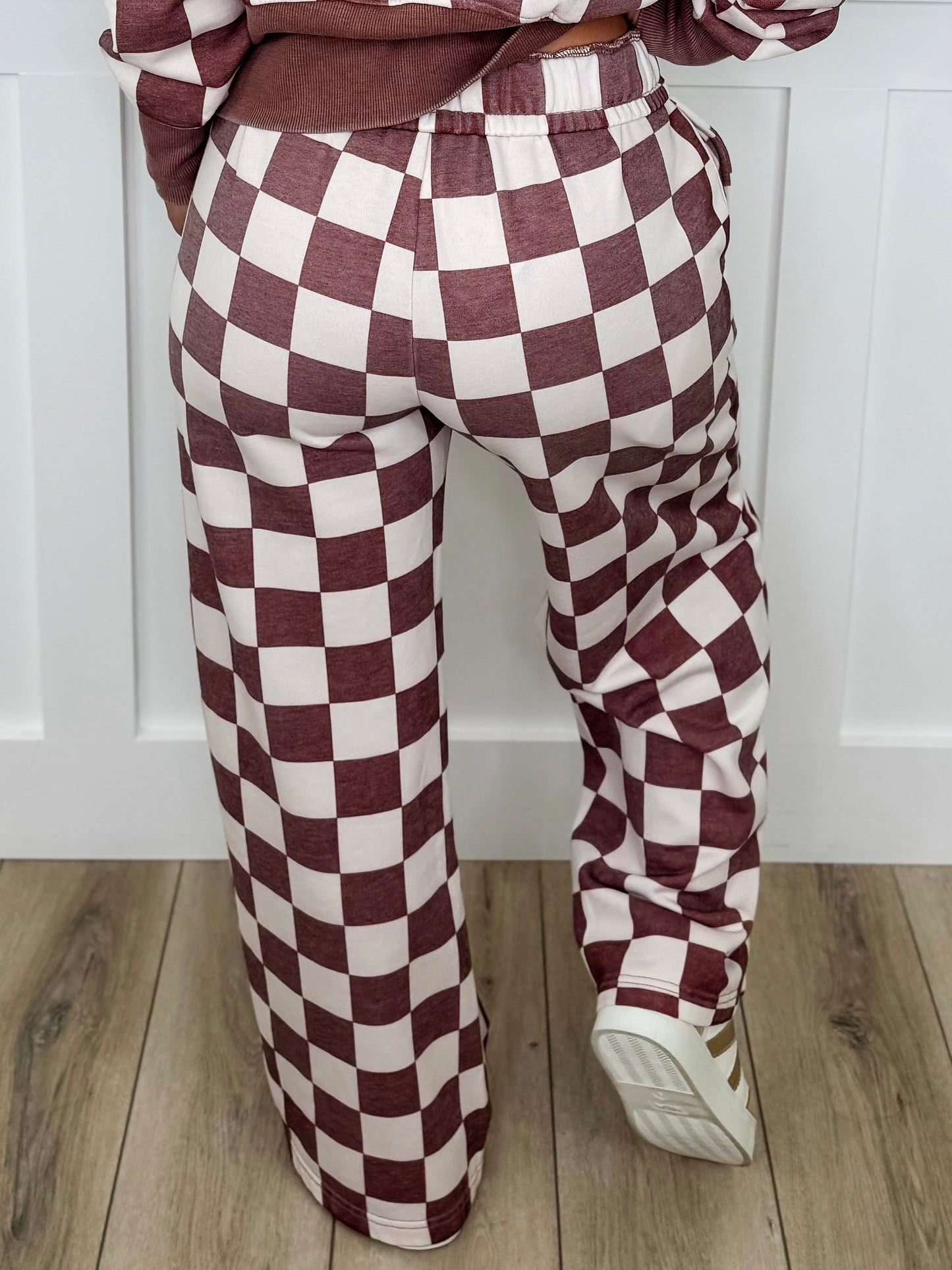 Letting Things Be High-Rise Wide Leg Checkered Avery Mae Bottoms