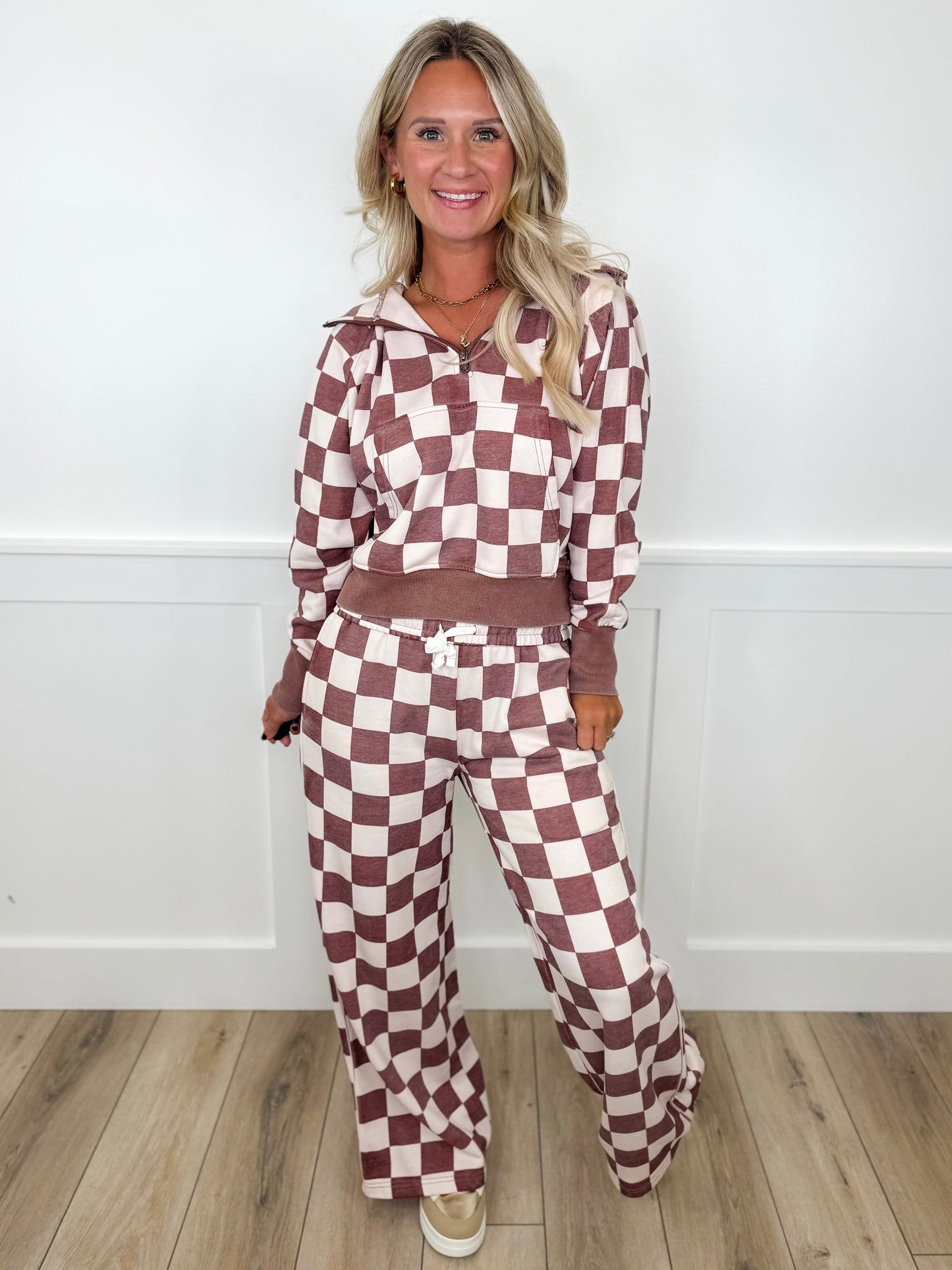 Letting Things Be High-Rise Wide Leg Checkered Avery Mae Bottoms