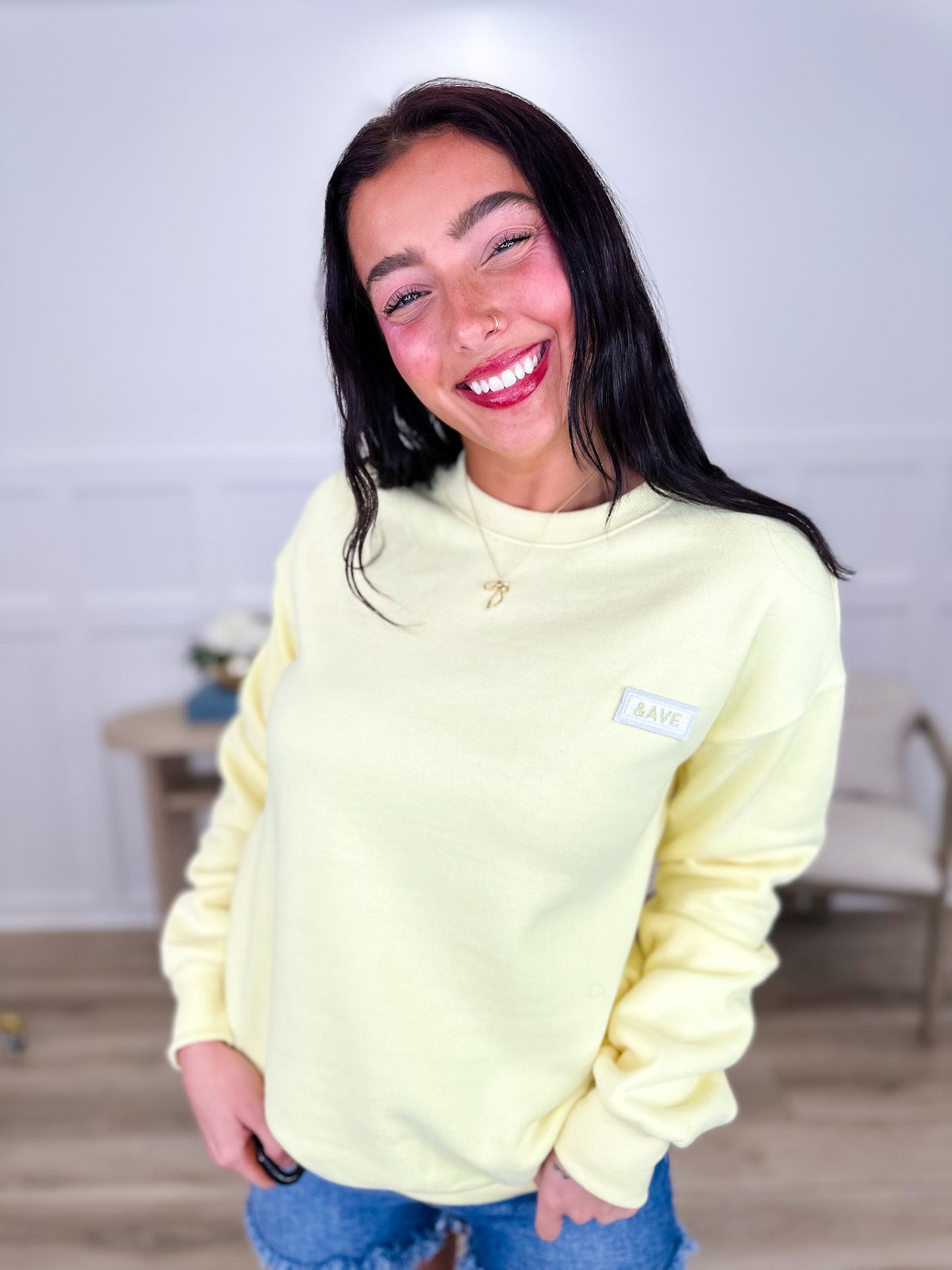 Showing You How Cotton Blend Long Sleeve Yellow Avery Mae Crewneck Sweatshirt