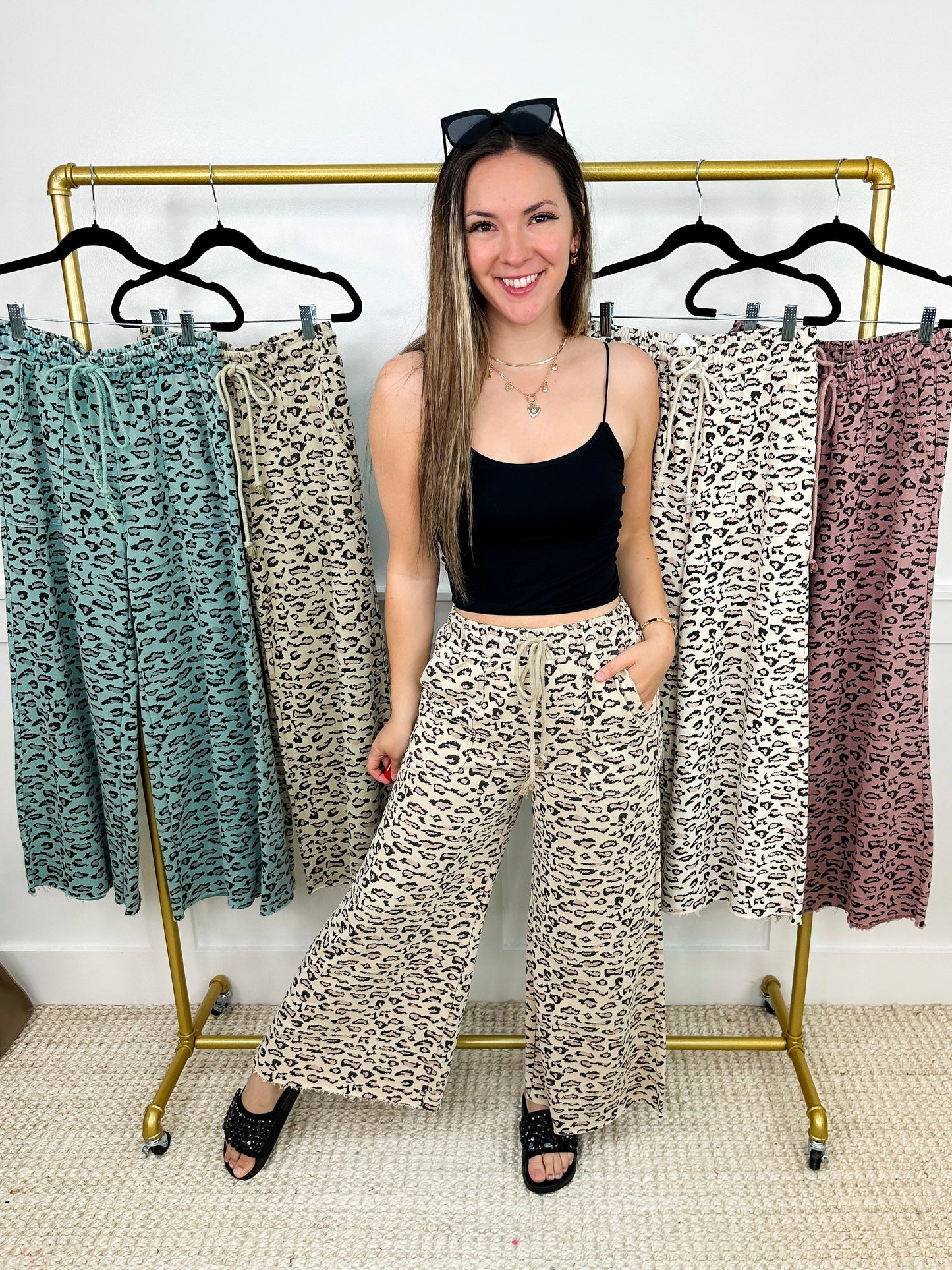 Easel Wild At Heart High-Rise Cotton Wide Leg Leopard Bottoms - 5 colors!