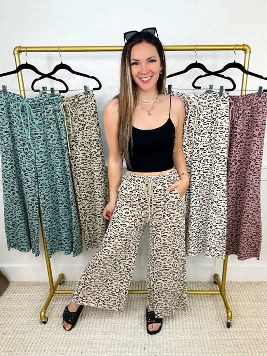 Easel Wild At Heart High-Rise Cotton Wide Leg Leopard Bottoms - 5 colors!
