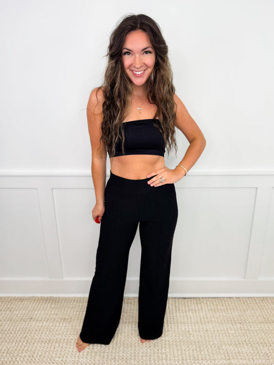 White Birch Fire Away Ribbed High-Rise Wide Leg Black Avery Mae Bottoms