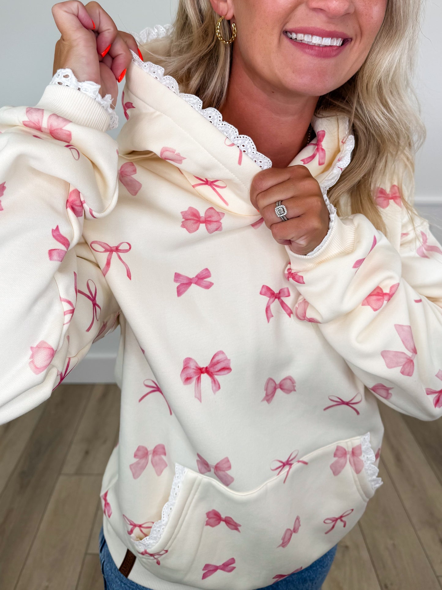 Ampersand Avenue Tied With Love Cotton Blend Long Sleeve Ivory Hoodie Sweatshirt
