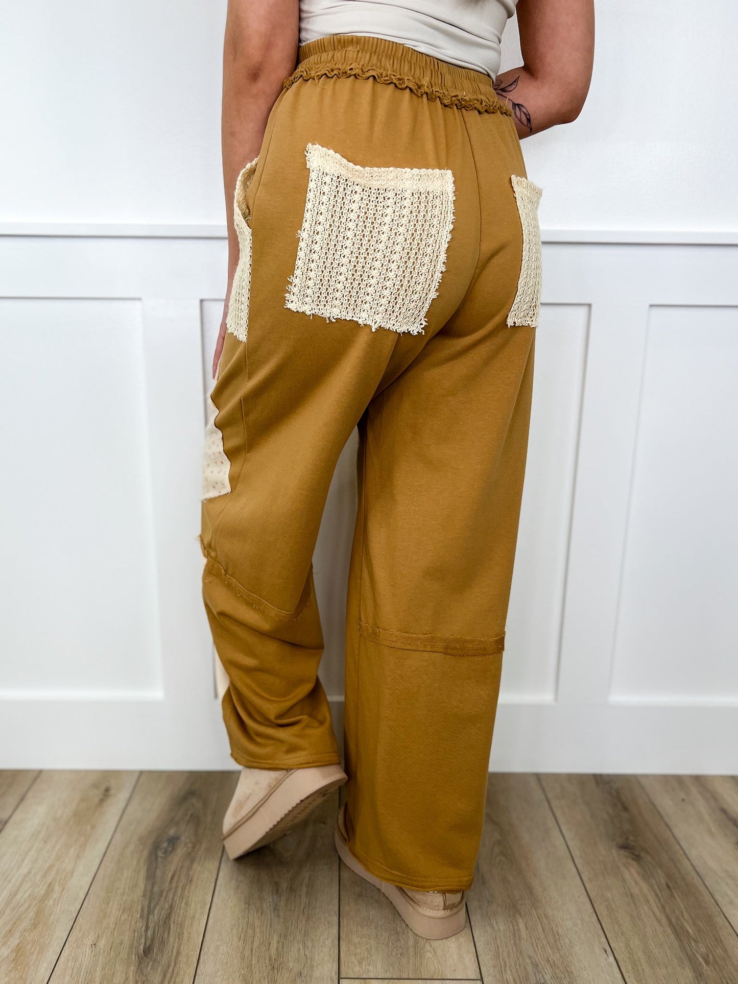 Patching You in High-Rise Cotton Blend Wide Leg Camel Avery Mae Bottoms