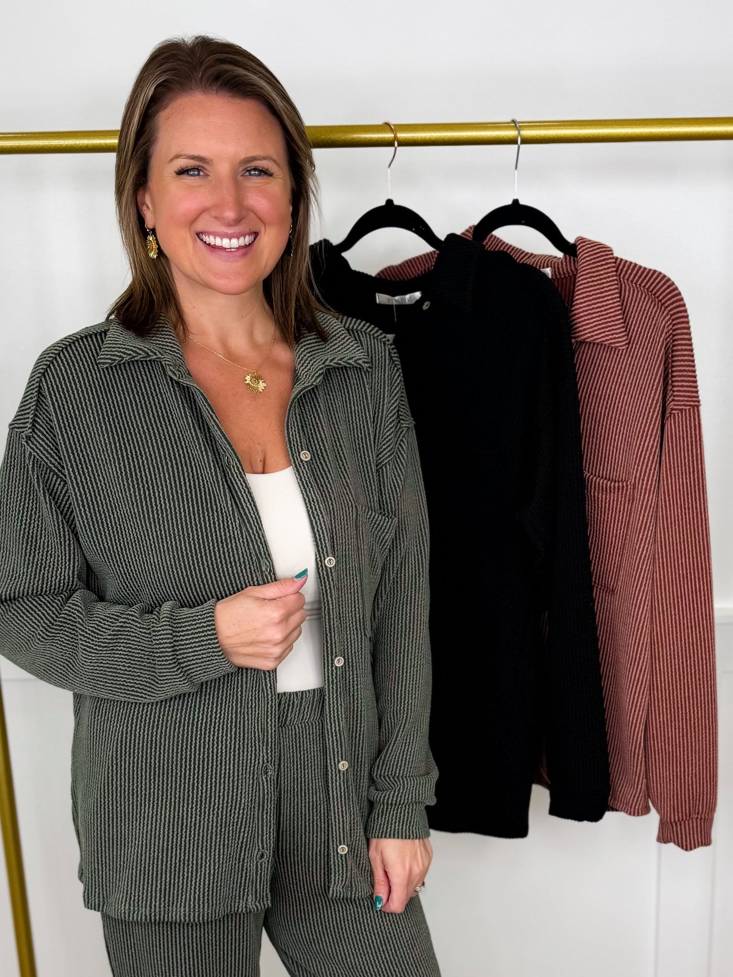 The Moment is Now Ribbed Long Sleeve Avery Mae Button Up Top - 3 colors!